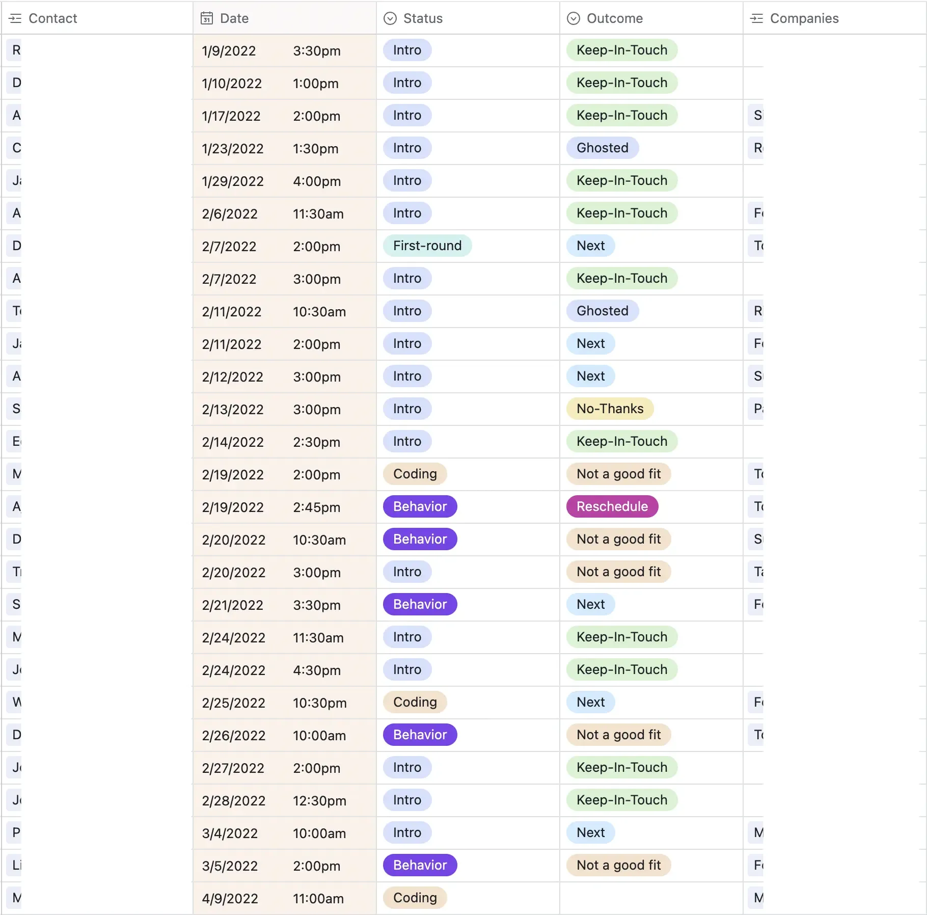 Airtable view showing 25+ interviews across multiple companies